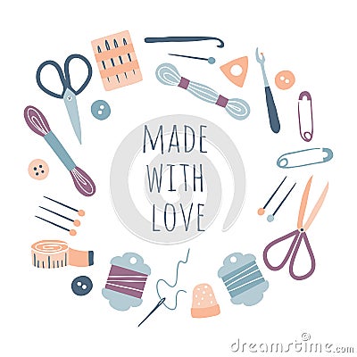 Made with love. Hobby tools in round circle frame Vector Illustration